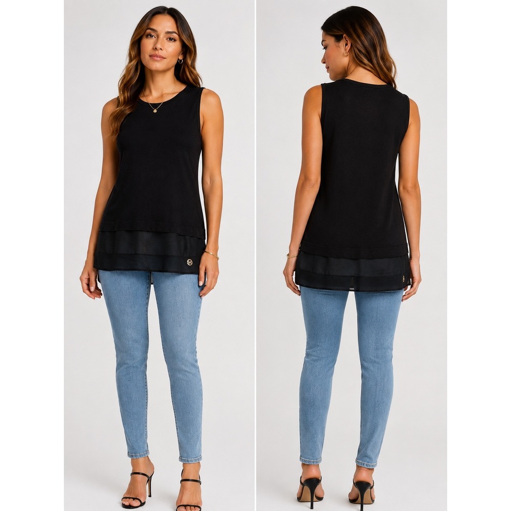 Michael Michael Kors Womens Black Sleeveless Layered Chiffon Hem Tank Top Small